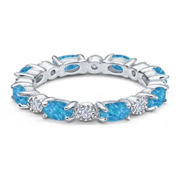 Full Eternity Stackable Band Ring Oval Lab Created Blue Opal 925 Sterling Silver